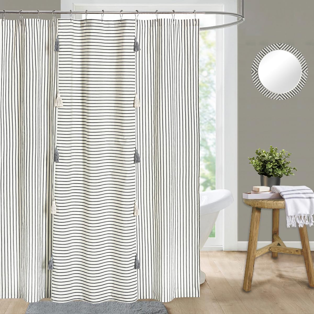 DOSLY IDÉES Gray and Beige Stripe Patchwork Cotton Fabric Tassel Shower Curtain for Bathroom,Farmhouse,Country Rustic and Cute Style,72 x 72 in