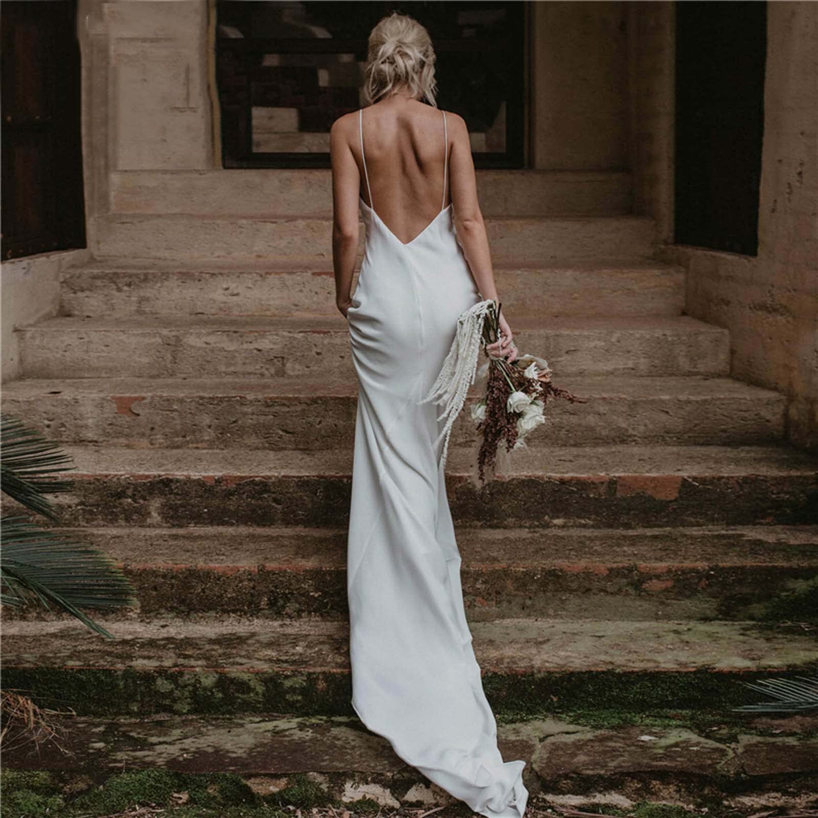Brautkleid, Sexy Brautkleid mit V-Ausschnitt, Rückenfreies Brautjungfernkleid, Abendkleid für Hochzeitsfeier, WZEFEIO, Weiß, 2