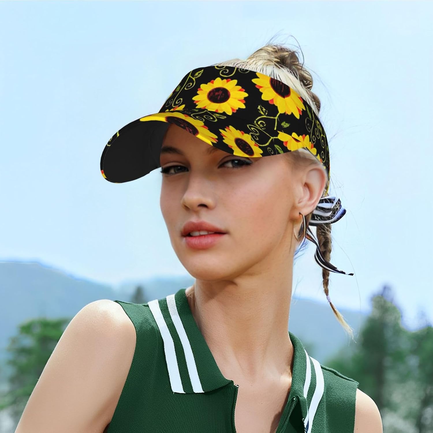 Cute Sunflower Print Sport Sun Visor Hats Adjustable Empty Top Baseball Cap Women and Men Sun Visor Hat Black