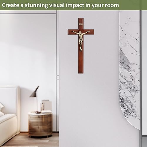 Miniatura 6 de ARCHOBAN Crucifijo de pared cruces de madera católicas de 12 pulgadas decoración de pared marrón  latón antiguo