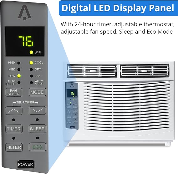 Window Air Conditioner 6000 BTU, Window AC Unit Cools Up to 250 Square Feet, Window AC Unit with Remote Control, 3 Cooling Speeds, Quiet Operation, White