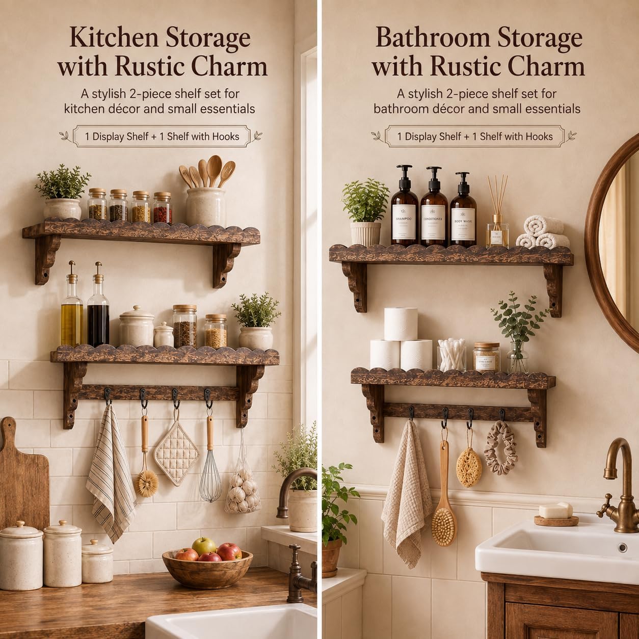 17-Inch Scalloped Rustic Wall Shelves Set of 2, Shelves for Wall-Pine Wood image 5