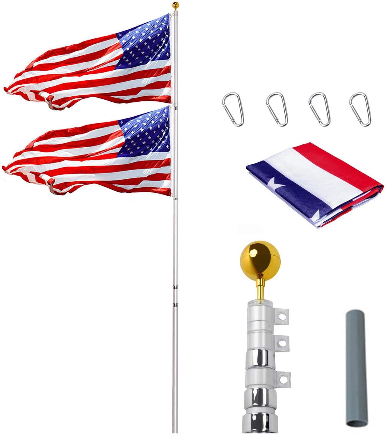 Supole Extra Thick 30FT Telescoping Flag Pole kit, Heavy Duty 16 Gauge Aluminum Telescopic Poles Fly 2 Flags with 3'x5' American US Flag & Golden Ball for Outdoor Commercial or Residential