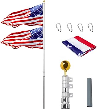 Extra Thick 20FT Telescoping Flag Pole kit, Heavy Duty 16 Gauge Aluminum Telescopic Poles Fly 2 Flags with 3x5 American US Flag & Golden Ball for Outdoor Commercial or Residential