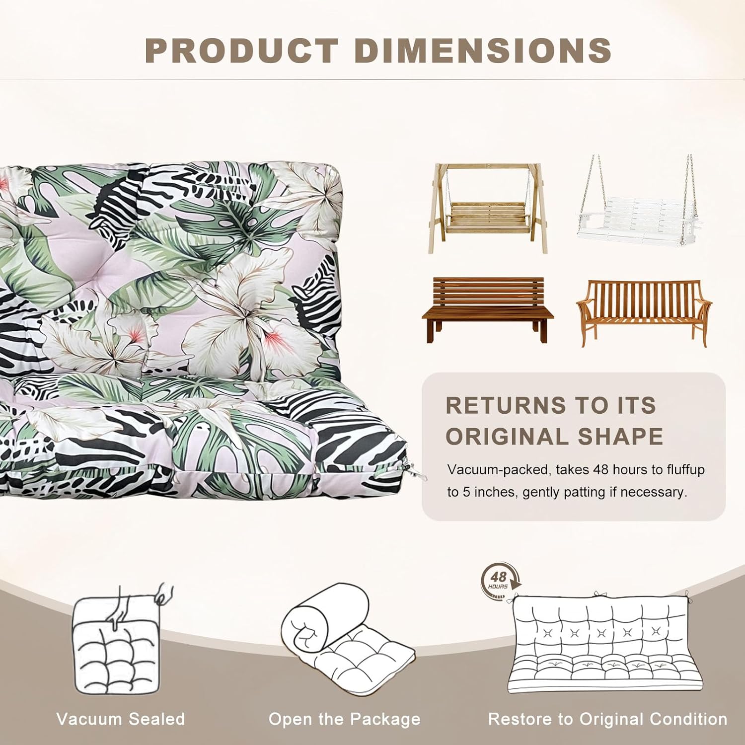 Porch Swing Cushion with Backrest,Waterproof Bench Cushion for Outdoor Furniture,2-3 Seater Replacement Thickened Swing Cushion with Ties,Patio,Outdoor,Backyard and Garden (Zebra Floral,47x40")
