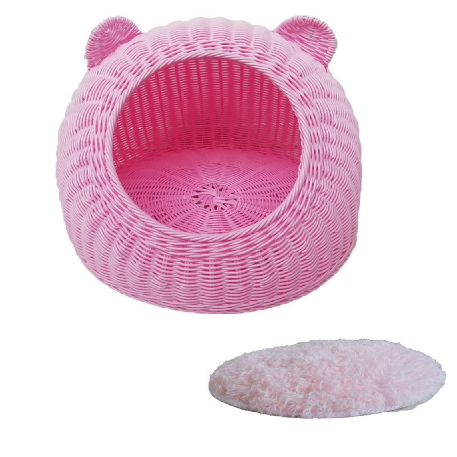 Cesta Cesto Mimbre Redondo Tejido Orgánico con Cojín Lavable Transpirable Diseño Orejas Atractivo Adecuada para Mascotas Acogedor Dormitorio, L