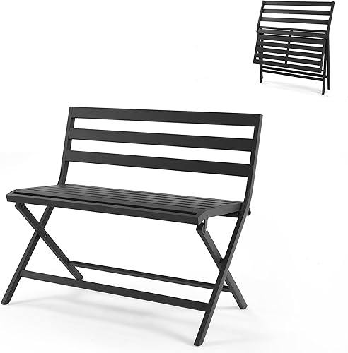 RICNOD Banco de jardín para exteriores, plegable, banco de aluminio para 2 personas, banco de patio a prueba de óxido para jardín, porche, patio