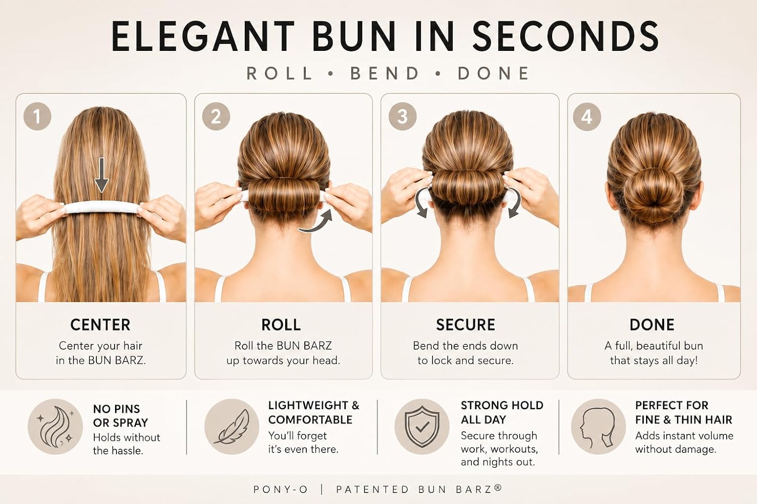 2 BUN BARZ by PONY-O – Patented Bendable Bun Maker for Fine & Thin Hair – Easy Hair Bun Tool – Donut Bun Alternative – No Pins, No Spray, No Damage – Secure Hold Volumizing Bun Tool (Dark Brown) image 3