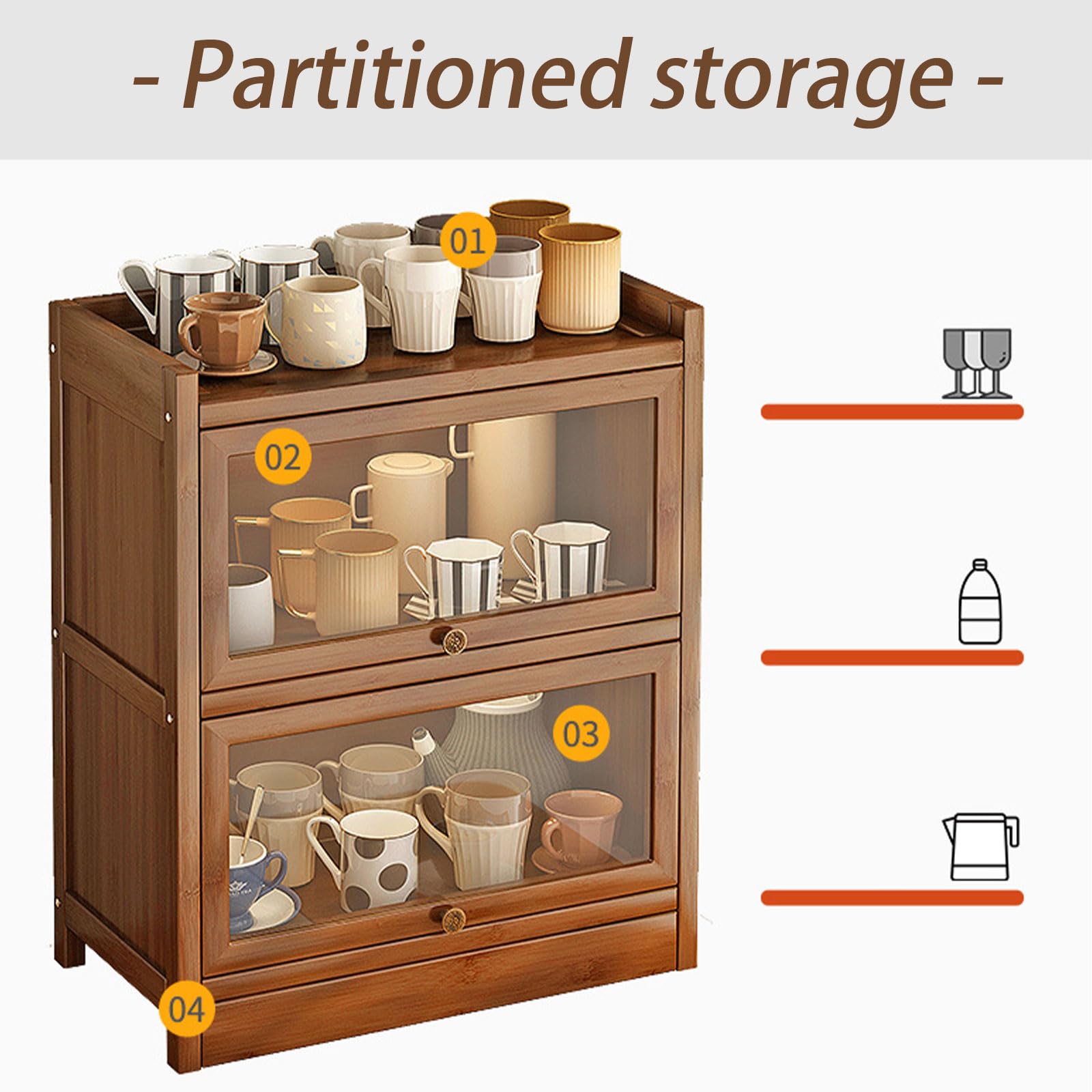 Armario de almacenamiento de gran capacidad para encimera de cocina con puerta de cristal, organizador de pan de madera para 2 capas, 80 cm
