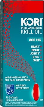Kori Krill Antarctic Krill Oil Omega 3 Supplement, EPA & DHA, Superior Absorption vs Fish-Oil, 800 mg, 90 softgels