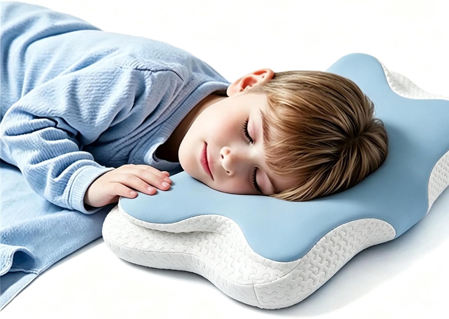 Memory Foam Kids Pillow, Kids Pillows for Sleeping, Ergonomic Contour Pillow and Pillowcase 20x12in(Blue Small)