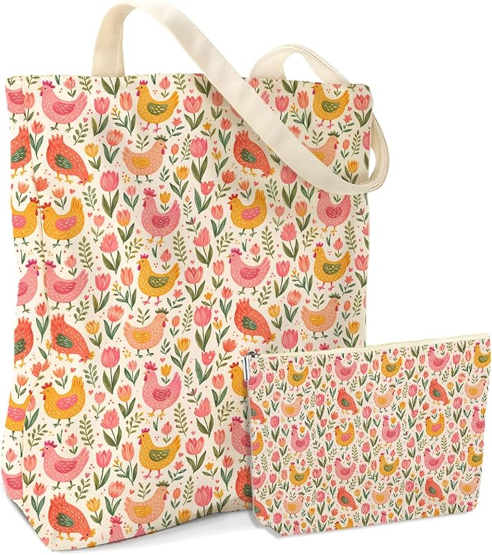 Conjunto jealance com bolsa tote e nécessaire de lona estampada, 2 peças
