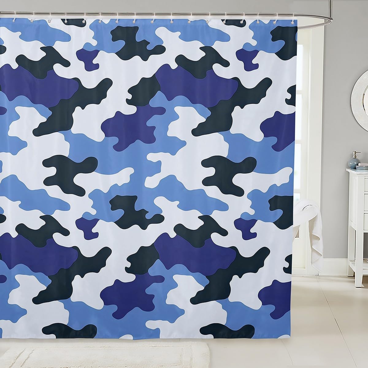 Feelyou Camouflage Bathroom Shower Curtain Set 84" L x 72" W Camo Blue White Shower Curtain for Boys Girls Military Army Bath Curtain Kids Bathroom Accessories