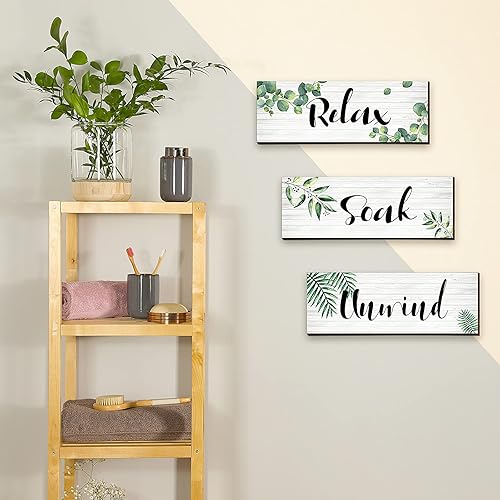Miniatura 7 de Blulu 3 piezas de decoración de pared de baño verde Relax Soak Unwind Letrero de pared de baño verde botánico para baño, decoración de pared