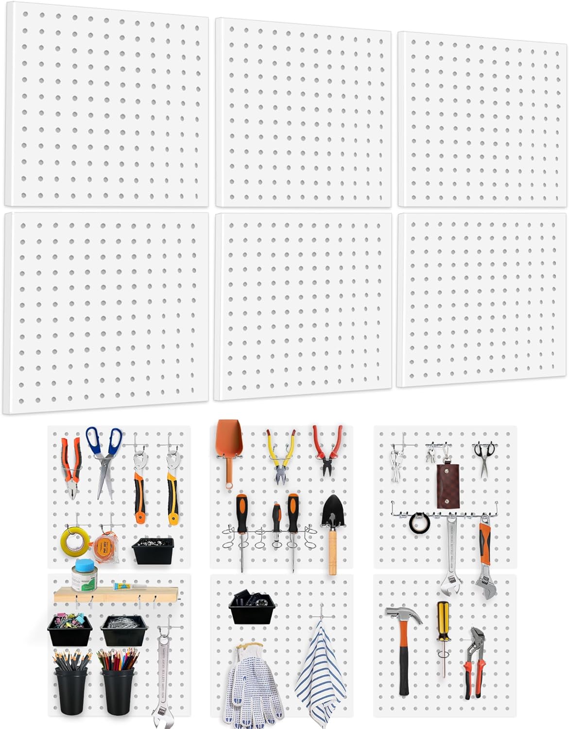 6PCS Metal Pegboard Kit, White Pegboard Panels, Wall Organizer for Tools Heavy Duty Steel Peg Board Storage System for Workbench, Garage, Office, Kitchen and Craft Room