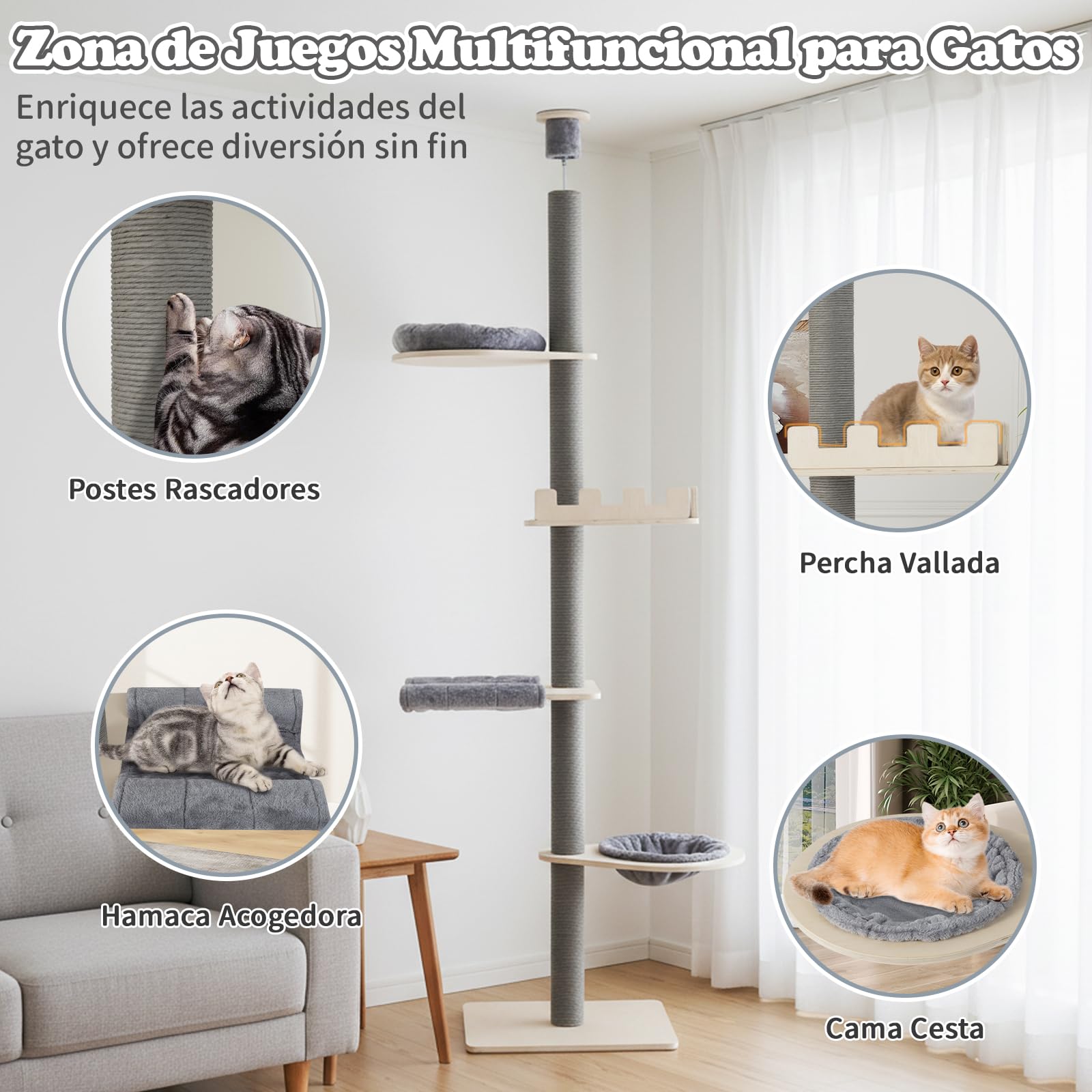 COSTWAY Árbol para Gatos de Suelo a Techo de 236-271 cm, Árbol Rascador para Gatos de Madera con Percha, Cama en Cesta, Postes Rascar, Hamaca y Cojines Removibles, Torre Gato Alta de 5 Niveles, Gris
