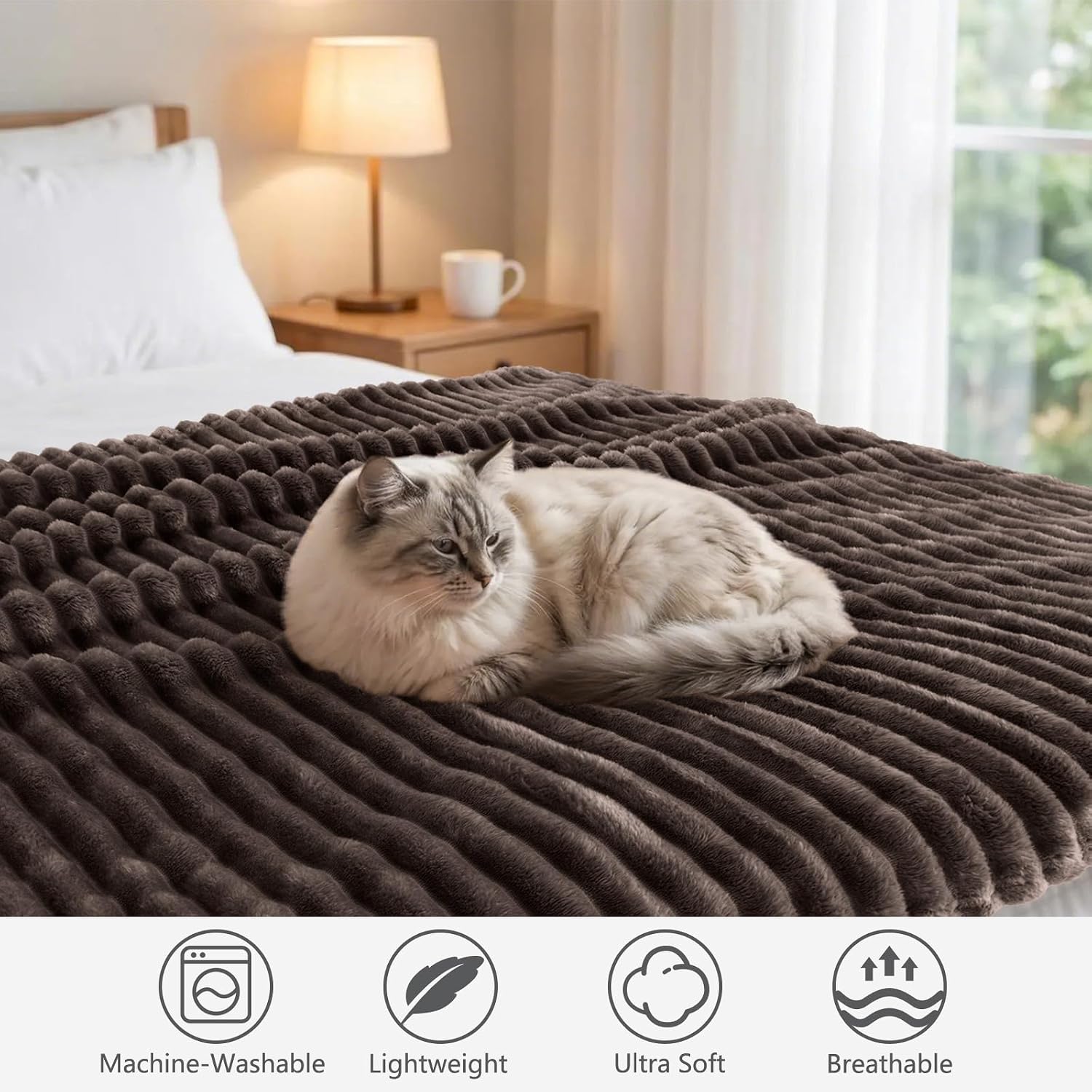 Vessia Flannel Fleece Brown Twin Blanket(60x80inch), 300GSM Striped Blanket for Adults and Kids, Super Soft Warm Cozy Lightweight Home Decor for All-Season thumbnail