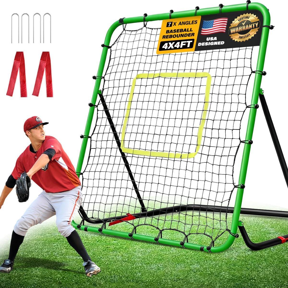 Durable Baseball Rebounder Net, 4x4 Ft Foldable Baseball and Softball Bounce Back Net with 7 Angles, Easy-adjust Pitchback Trainer Rebound Net