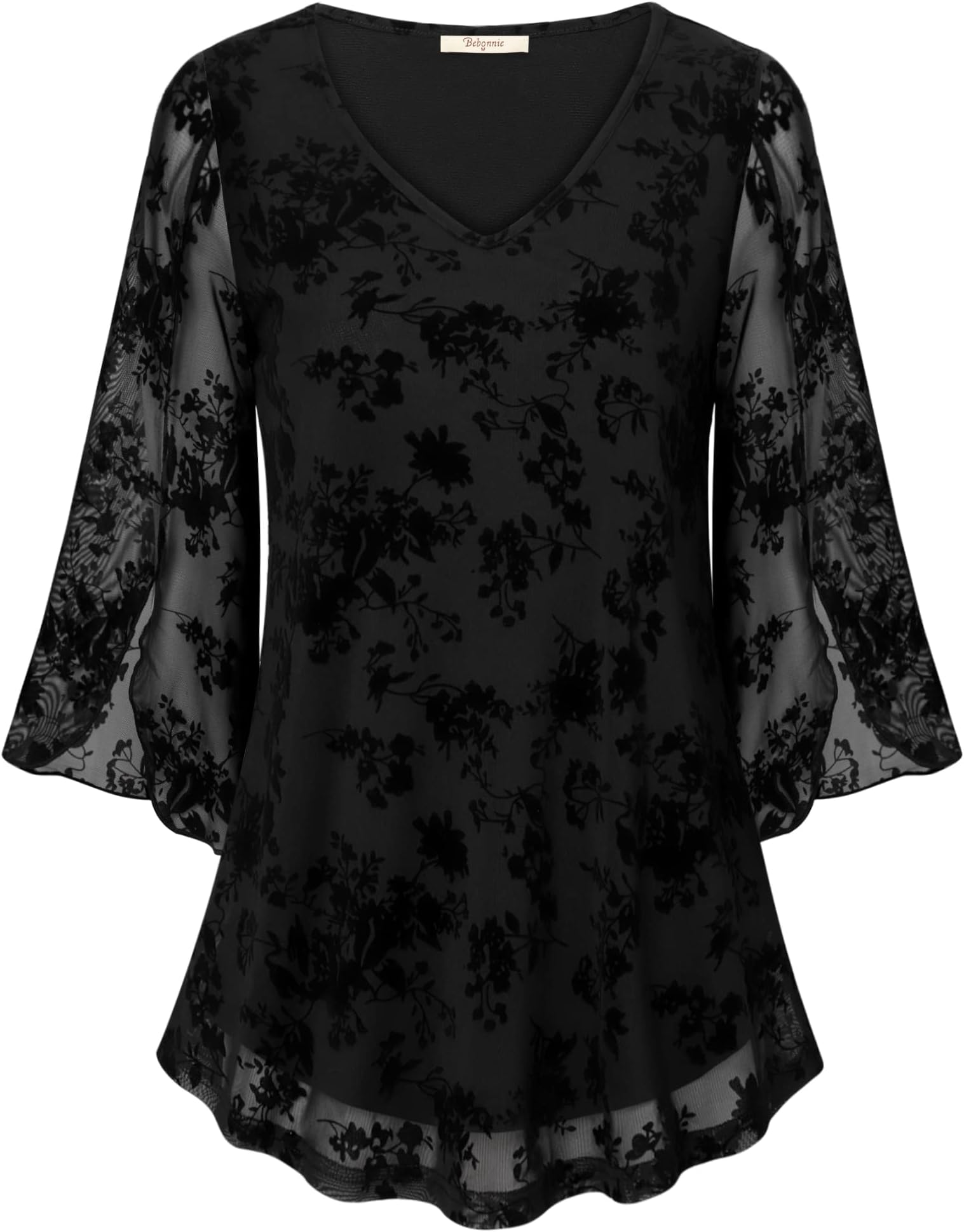 Womens Ruffle 3/4 Sleeve V Neck Double Layers Mesh Blouses Loose Fit Flowy Tunic Tops