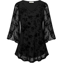Bebonnie Womens Ruffle 3/4 Sleeve V Neck Double Layers Mesh Blouses Loose Fit Flowy Tunic Tops