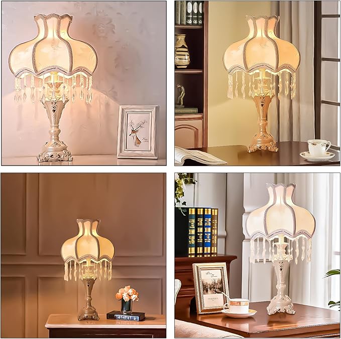 JHMYOB White Victorian Style Table Lamp Art Deco European Lamp with Lace Traditional Fabric Tiffany Table Lamp for Bedroom Living Room Office (E27 110V 13inch) photo 3