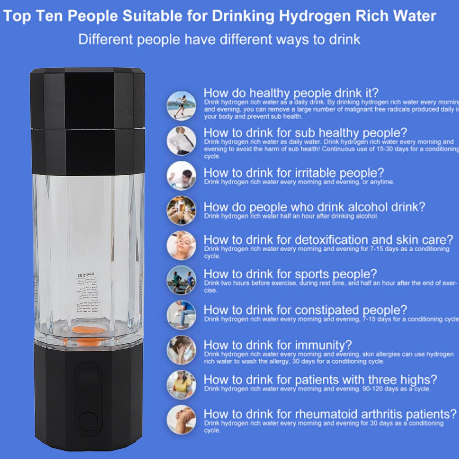 Fabater Generador de Botella de Agua de Hidrógeno, 5 y 10 Minutos, 2 Modos hasta 8000 ppb+ PEM, Máquina de Agua de Hidrógeno Recargable Portátil con Luz Colorida para el Hogar, Oficina,