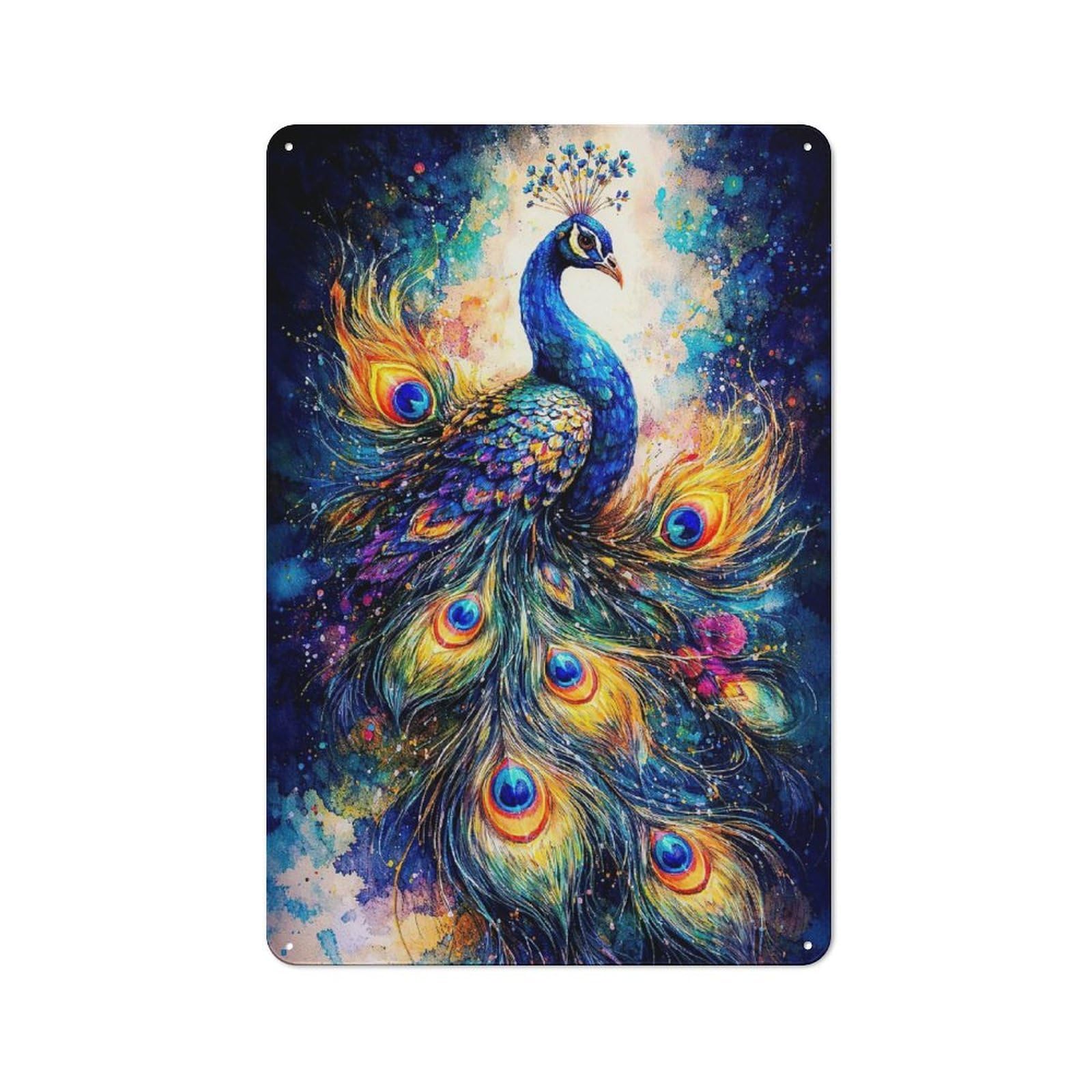 Vibrant Watercolor Peacock Warehouse Style Metal Wall Decor 30x20cm, Metal Wall Sign for Workspace, Cafe, Hallway Or Garage