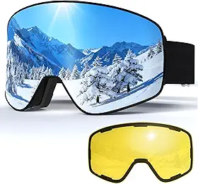 Óculos de esqui, óculos de snowboard sem moldura com 2 lentes magnéticas UV400, óculos de neve YH212 antiembaçamento para adultos, homens e mulheres