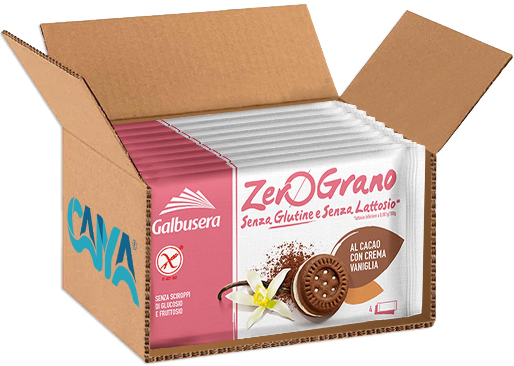 Galbusera ZeroGrano Frollini al Cacao Farciti con Crema Vaniglia Senza Glutine (Gluten Free) 160g [CAIYA® BOX da 8 Confezioni]
