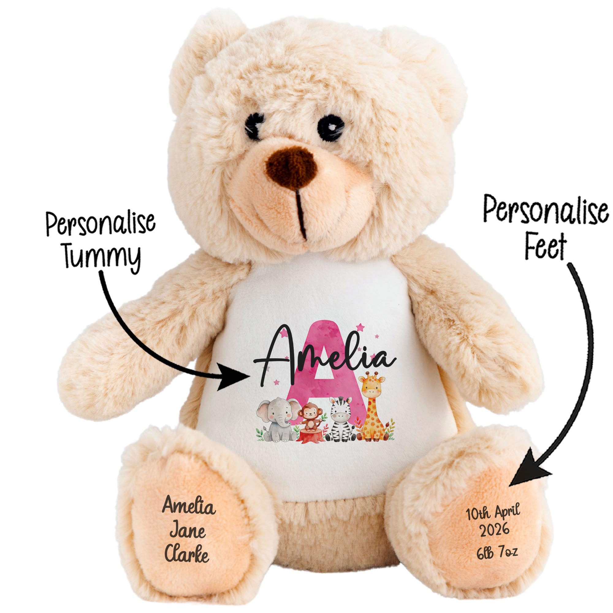 Personalised New Baby Girl Classic Teddy Bear with Pink Name & Initial, Safari Animal Design with Elephant, Monkey - Image 2