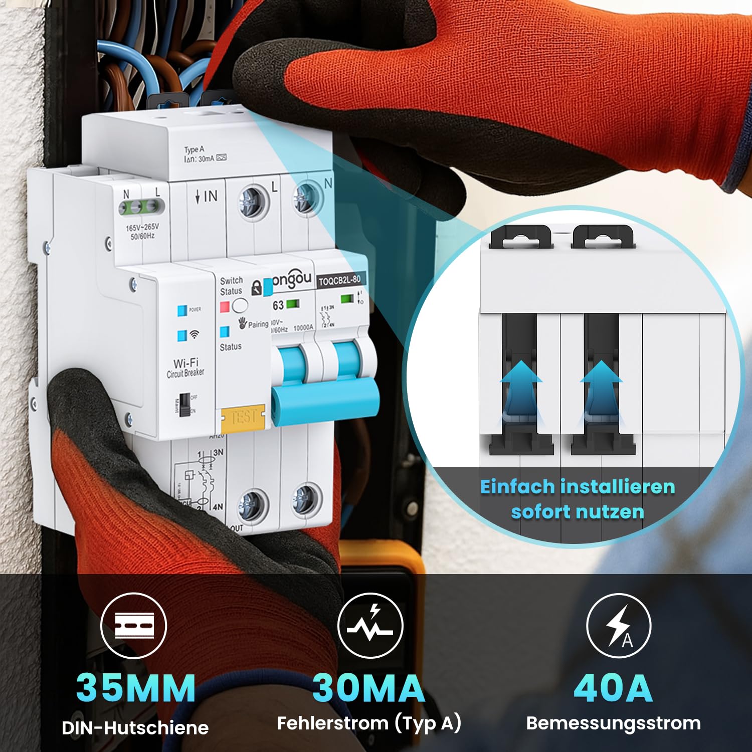 TONGOU WIFI FI-Schutzschalter RCBO 2P 63A 30mA Fi-schutzschalter Leitungsschutzschalter Tipo A para el hogar y enchufes, Icu10kA, montaje DIN, control remoto inteligente