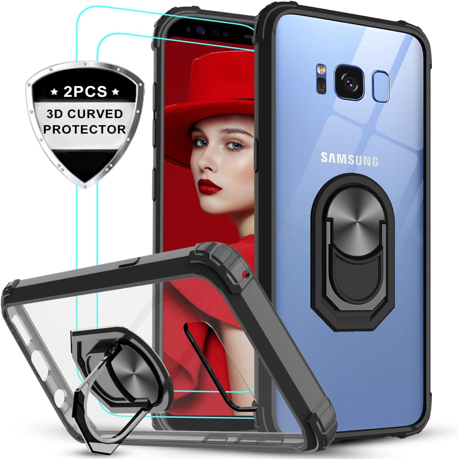 LeYi for Samsung Galaxy S8 Case with [2 Pack] 3D PET Screen Protector, Clear Crystal Military-Grade Protective Phone Case with Ring Car Mount Kickstand for Samsung S8, Black