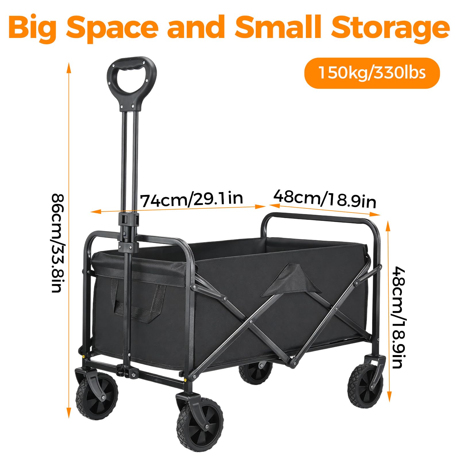 Carrello pieghevole, 150 l, 150 kg, carrello pieghevole (ruote rimovibili) | Carrello pieghevole con manico regolabile, per spiaggia, campeggio, giardino, festival