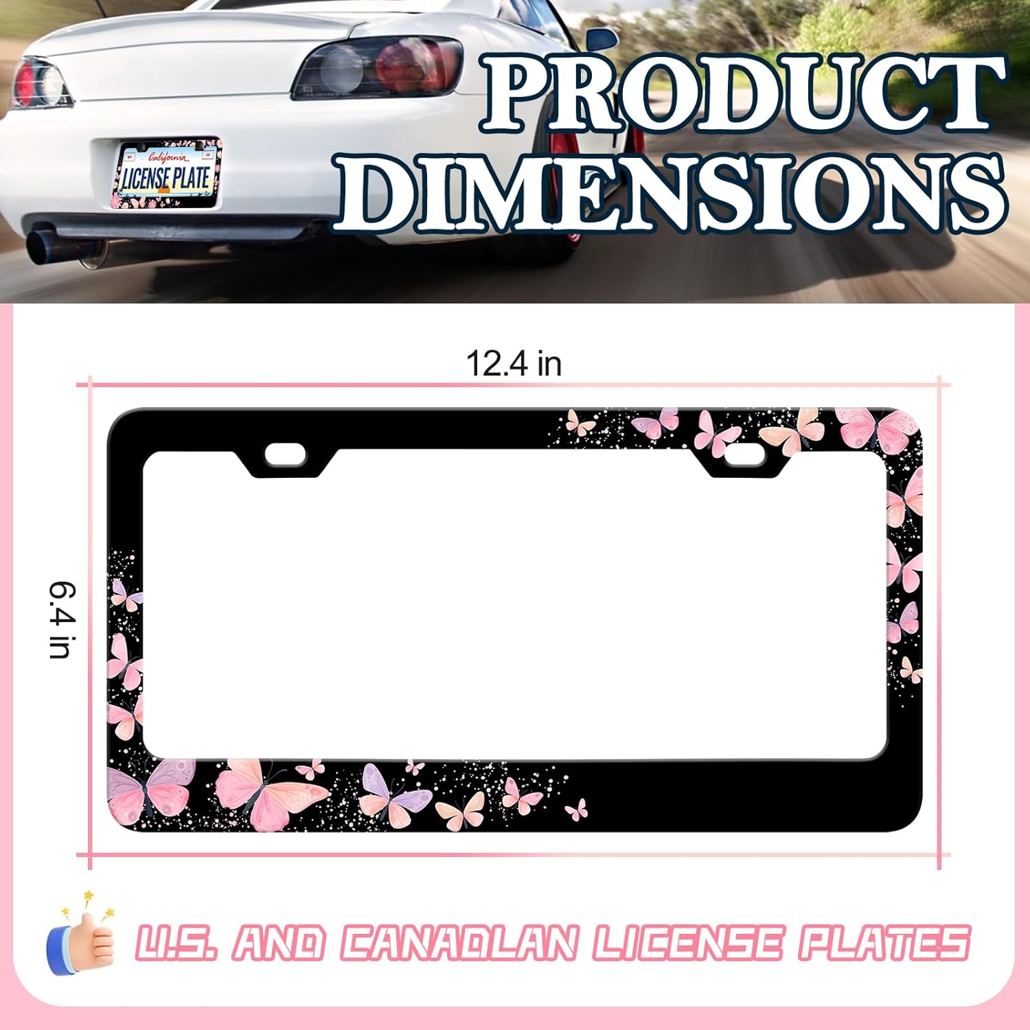 HCSS 2PCS Pink Butterflies License Plate Frames, Beautiful Butterfly Aluminum Metal Car Plate Holder, Rust-Proof Waterproof Car Decorative Tag Frames for Standard US 12x6 Inch - Image 2