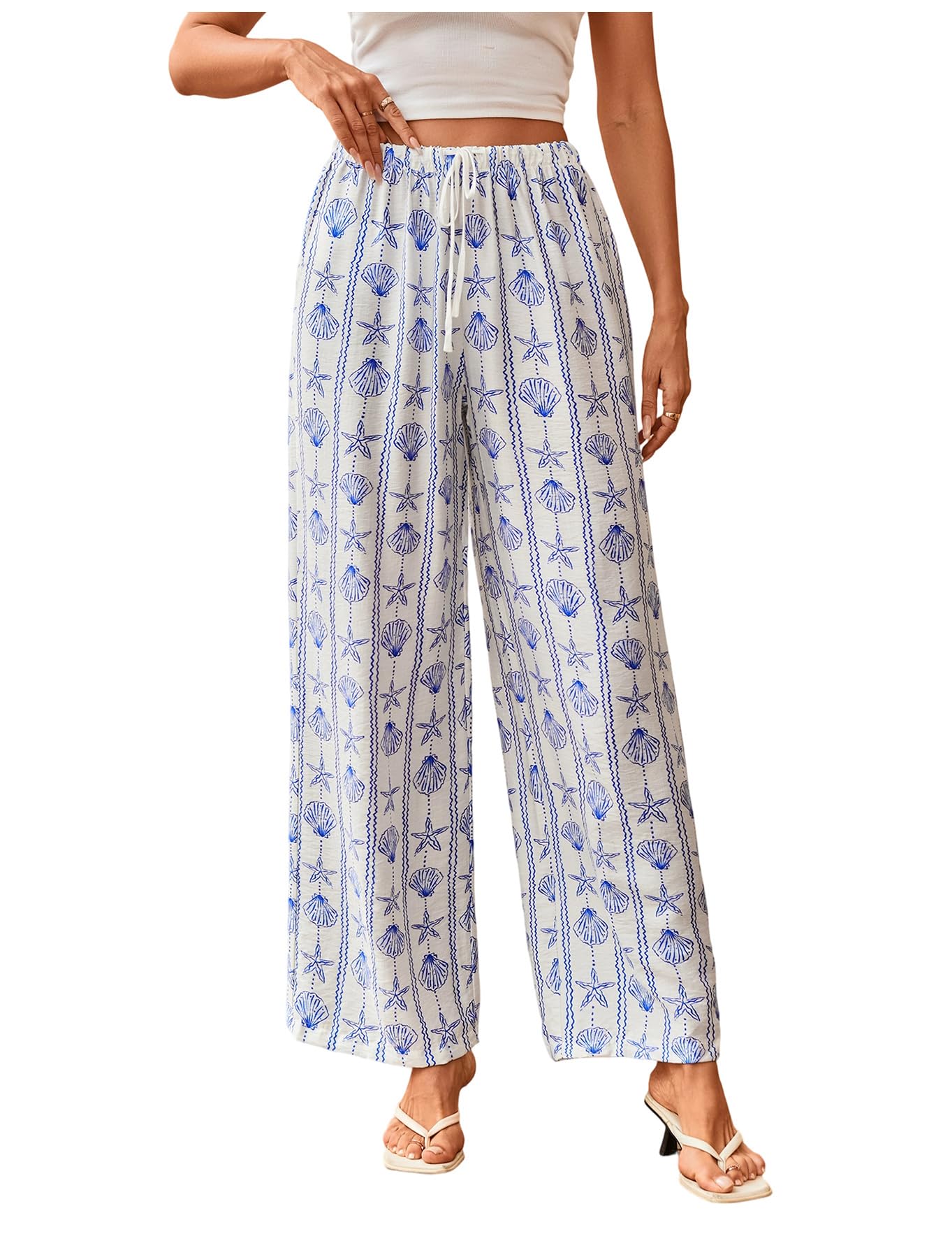 MakeMeChic Womens Pajama Pants Starfish Seashell Print Straight Leg Summer Boho Trousers