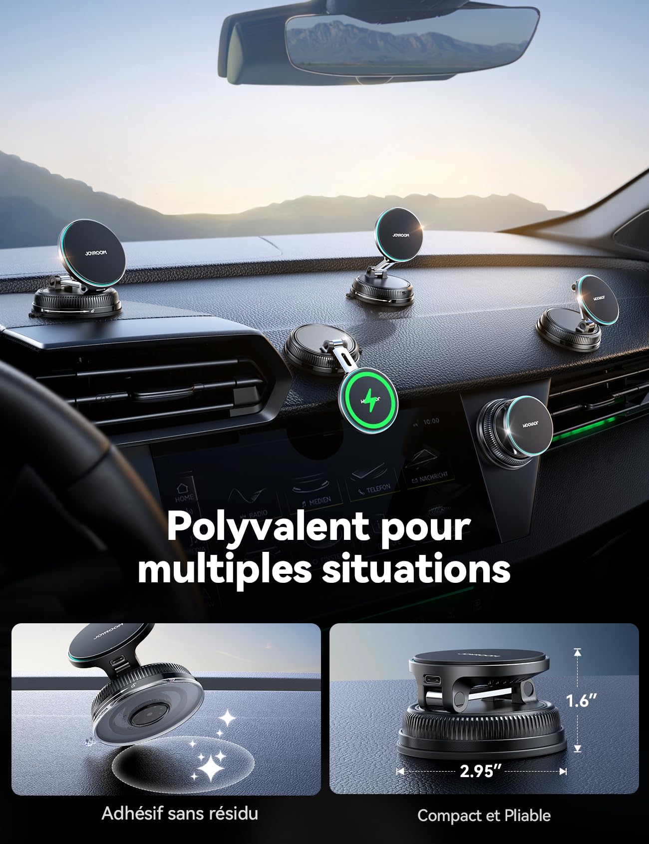 JOYROOM 15w Magsafe Chargeur Voiture [Ventouse à Vide & Gel Ultra-Fort] Support Telephone Voiture Magsafe Rotatif à 360° et Pliable Support Telephone Voiture Induction pour Iphone 17 16 15 14 13 12