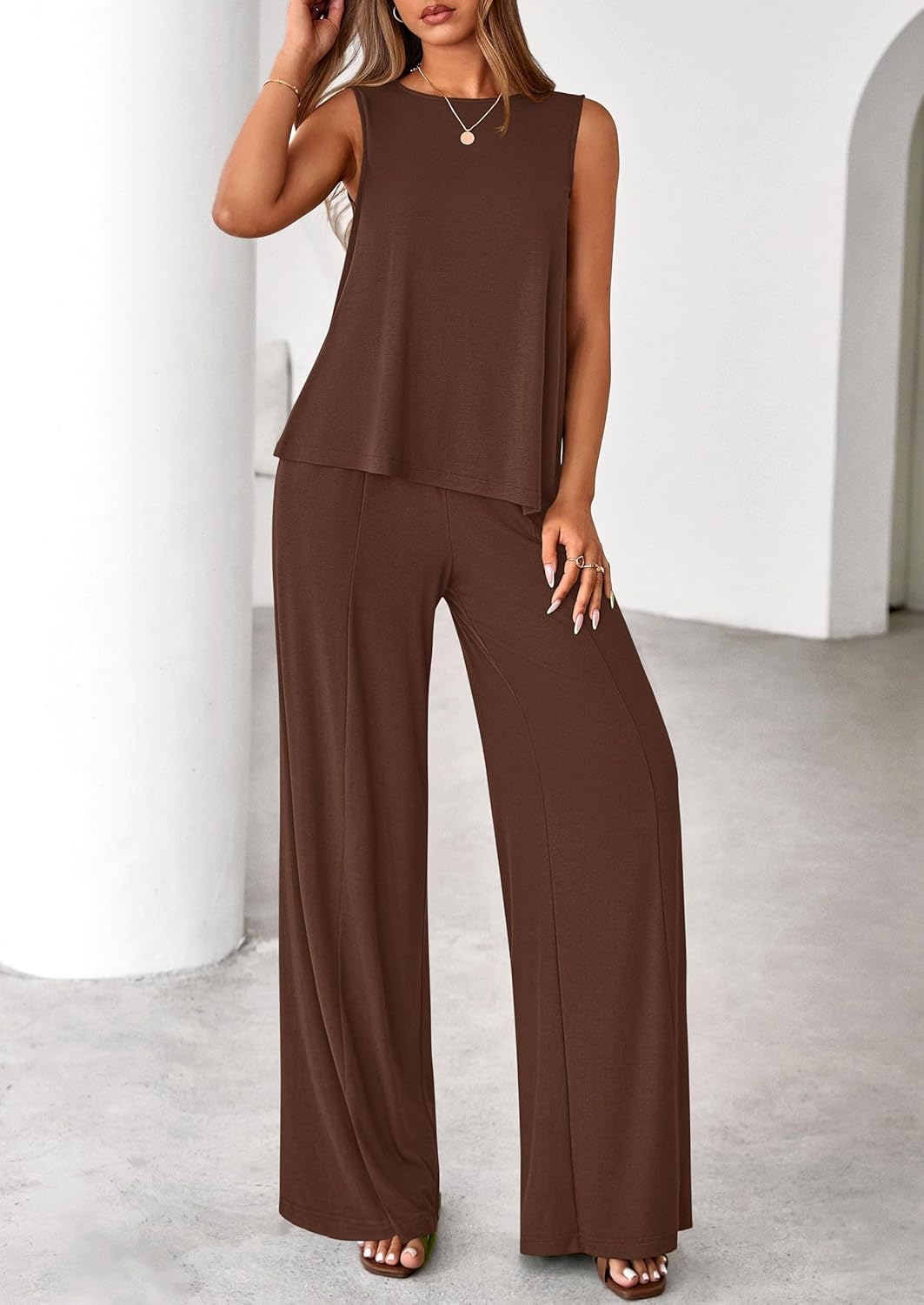 PRETTYGARDEN Women's 2026 Two Piece Matching Lounge Sets Asymmetrical Split Tank Tops Wide Leg Pants Summer Outfits Tracksuit - Image 8