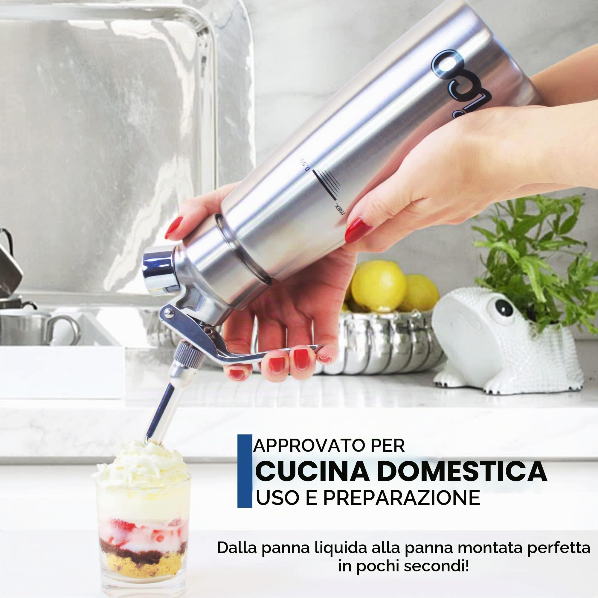 ICO Sifone da Cucina Professionale in Acciaio Inox per Sifone Panna Montata - Dispenser 500ml con Protossido di Azoto per Dessert e Spume