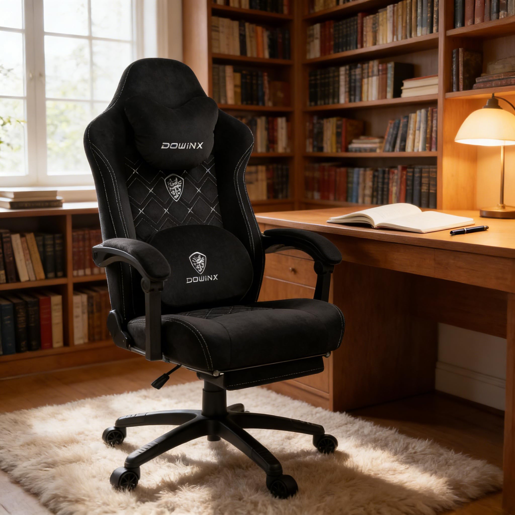 Dowinx Fabric Gaming Chair with Heated Massage Lumbar Support, Big and Tall Ergonomic Office Chair with Pocket Spring Cushion and Footrest, High Back