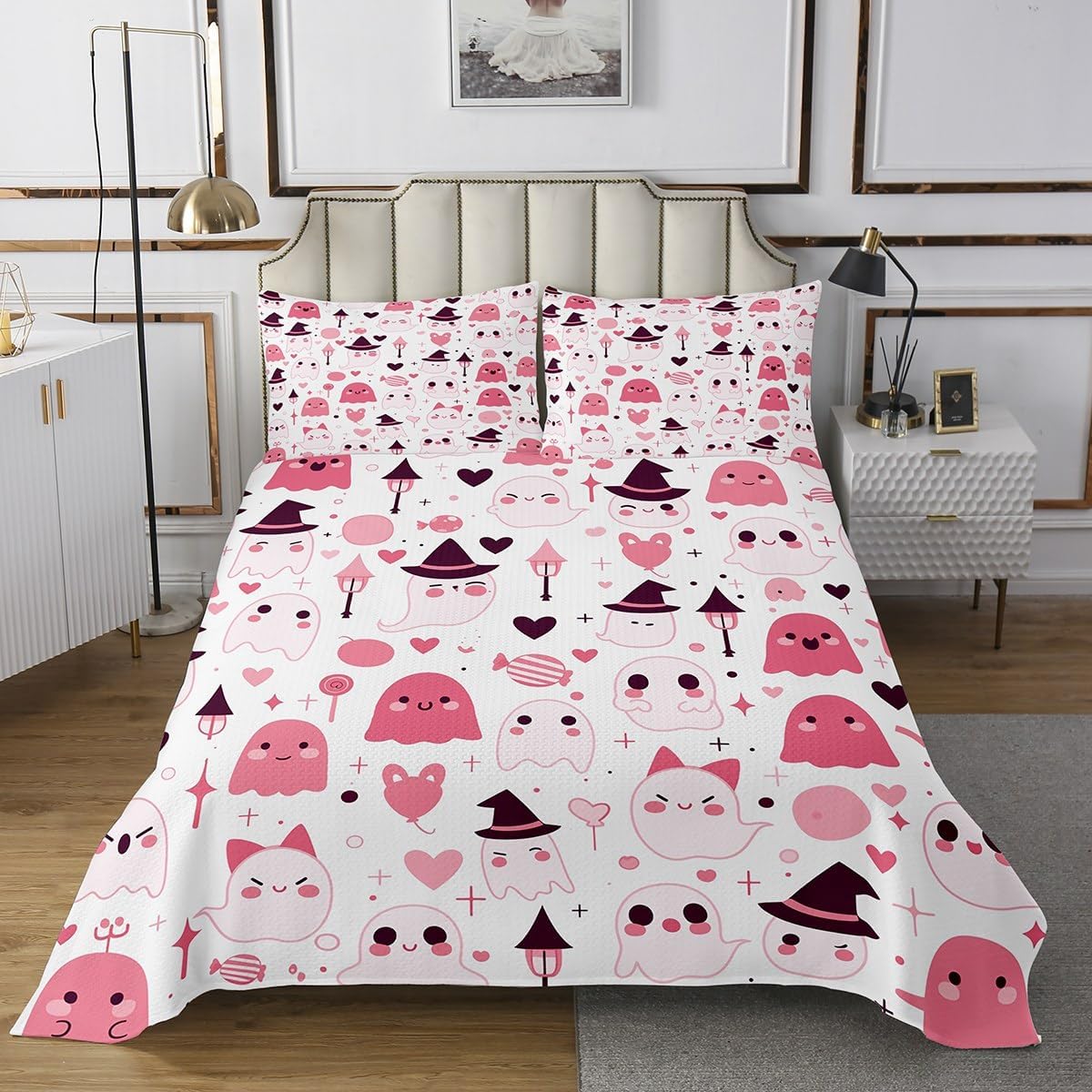 Erosebridal Kids Cute Halloween Decor Quilt Set Queen Size, Pink Halloween Bedspread for Girls Teens Child, Pink Ghost Coverlet, Sweet Candy Sugar Love Heart Bedding Set