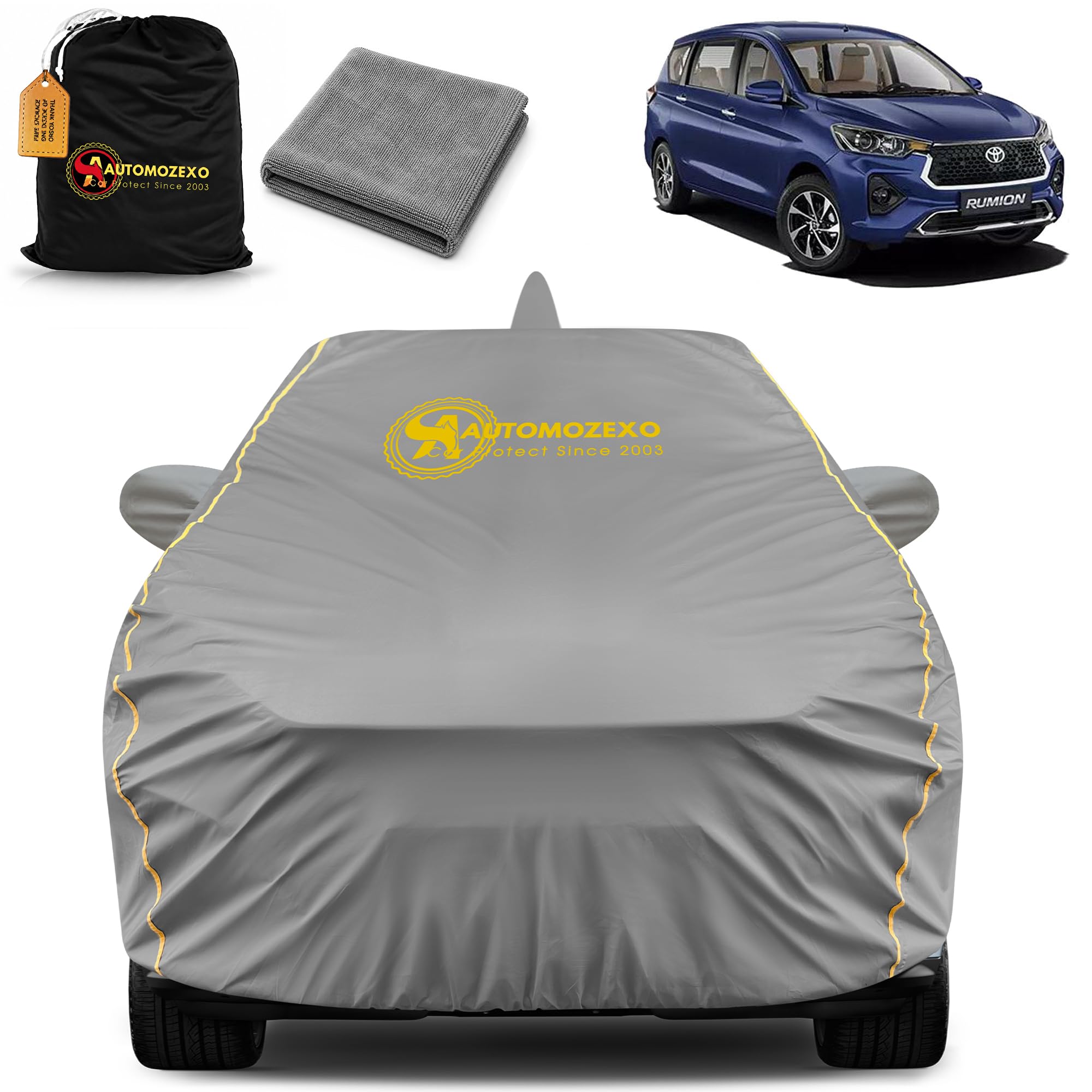 AUTOMOZEXO Toyota Rumion Car Cover for All Weather Protection with Mirror & Antena Pocket Inner Cotton Layer Triple Stitched Waterproof Cover with Adjustable Belt Bottom Elastic to Secure Fit (Grey)-image-45