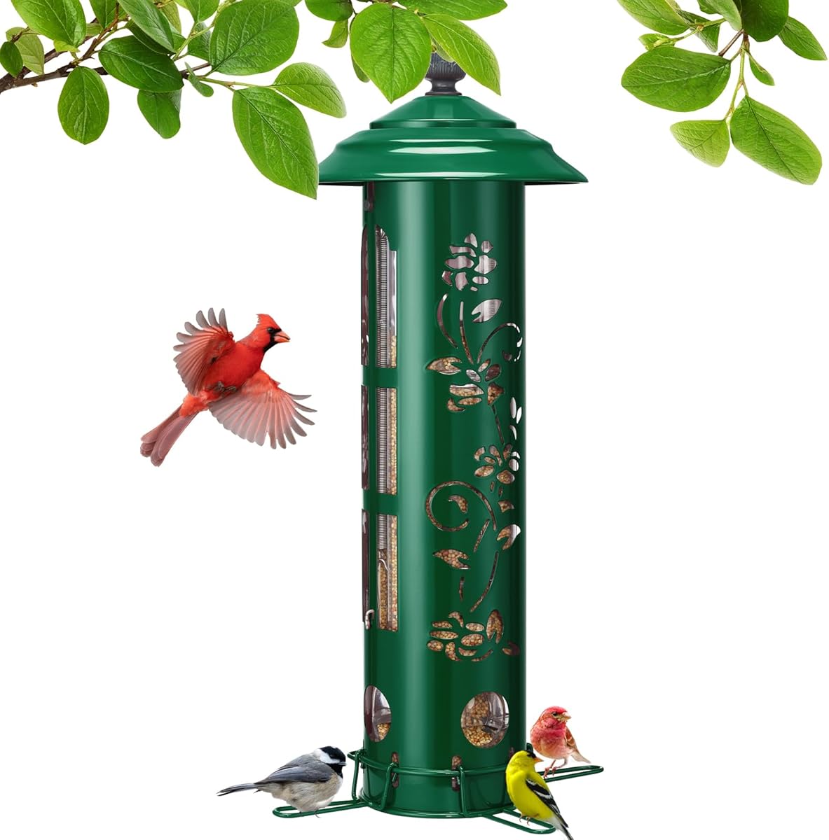Veehoo Squirrel Proof Bird Feeders for Outdoors, Hanging Wild Bird Feeder Anti Squirrel with Weight-Activated Perches, Metal Cardinal Finch Feeder Outside Decorative for Thistle and Mixed Seed, Green
