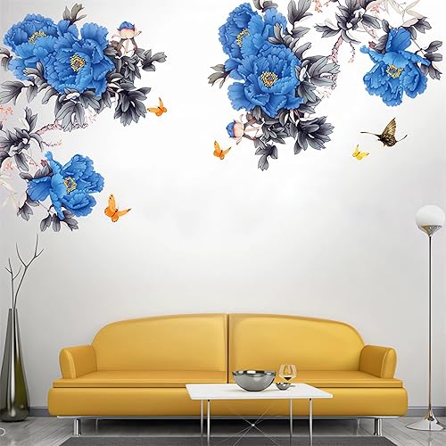 Miniatura 2 de Calcomanías de pared de flores de peonía azul, diseño floral de flores grandes, estilo chino, vinilo extraíble para sala de estar, dormitorio,