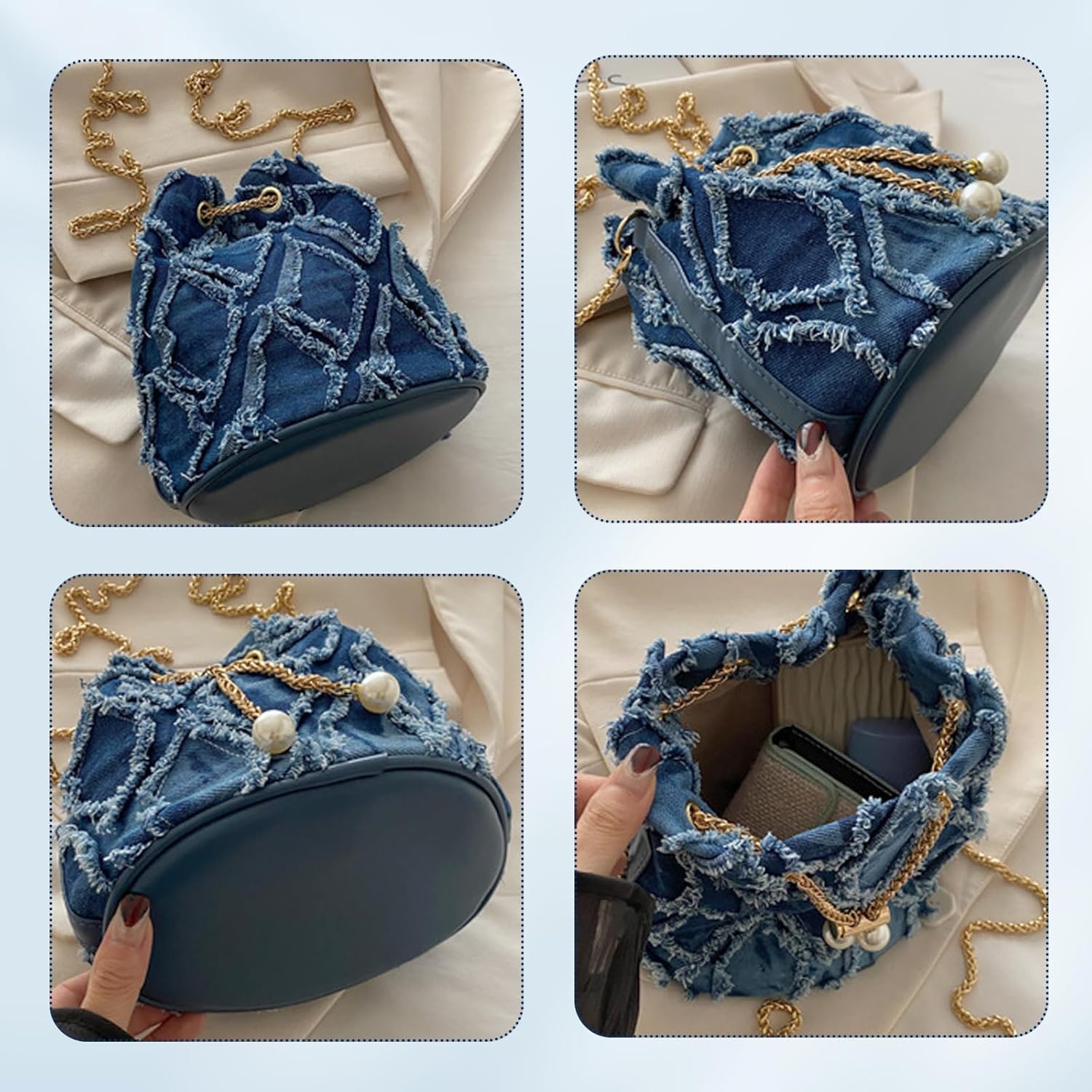 Denim Bucket Bag, Denim Purses for Women, Drawstring Blue Jean Crossbody Shoulder Purse Hobo Bag, for Commuting, Shopping, Dating (Blue) - Image 4