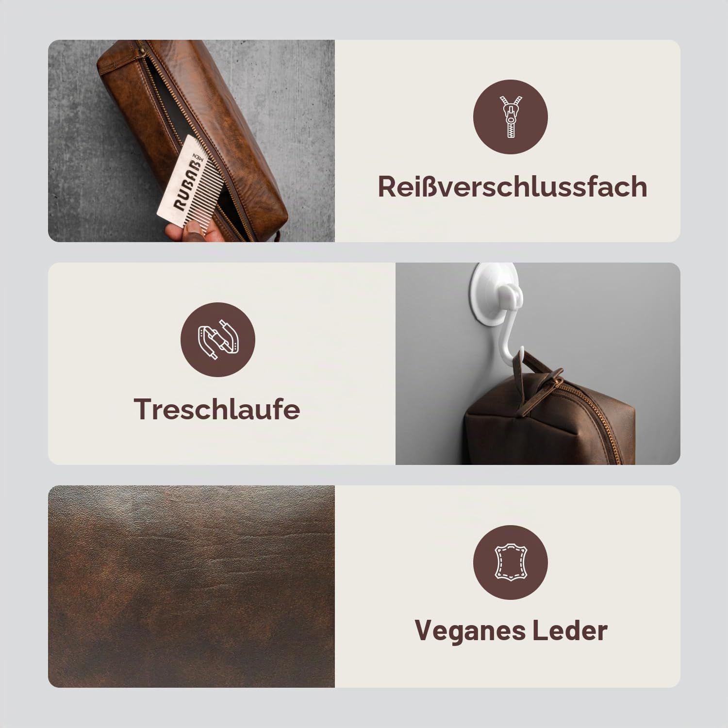 RUBAB Men Premium Kulturbeutel aus veganem Leder für Herren, Rasierset-Tasche & Pflege-Reisetasche für Herren, wasserdichtes Futter, Hellbraun, Pack-It Smart Edition, braun, Pack It Smart
