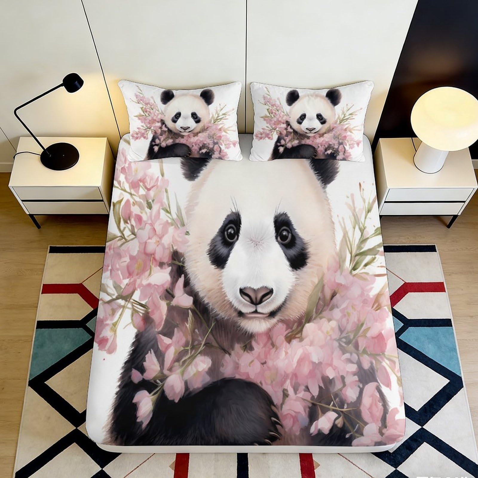 3D Printed Panda Blossom Fitted Sheet Microfiber Soft Breathable Panda Flower Bed Cover for Bedroom Guest Room Mattress Decor 90x200x25cm