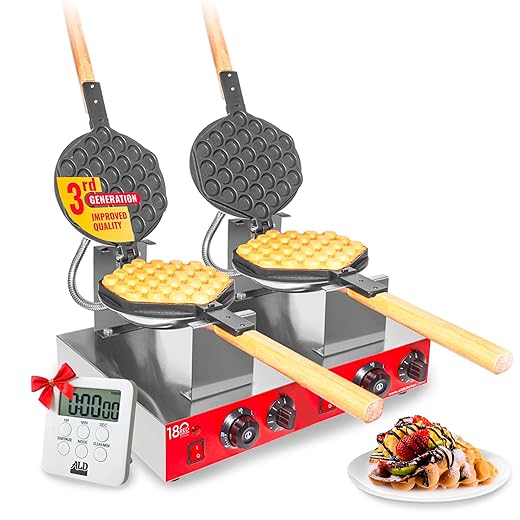 ALDKitchen Bubble Waffle Maker | Stainless Steel Double Egg Waffle Iron with Manual Thermostat | Nonstick Coating | 2 Large Hong Kong Waffles | 110V | 2.8kW