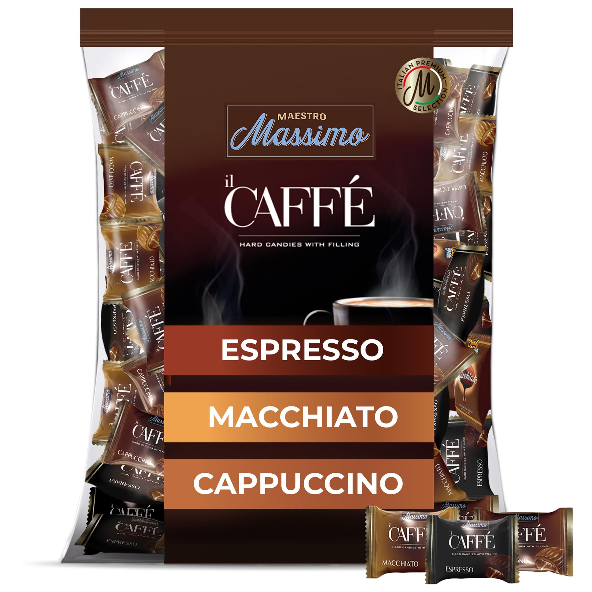 Maestro Massimo Center Filled Hard Pocket Coffee Candy, 3mg Caffeine per Candy, Individually Wrapped, Macchiato, Espresso, Cappuccino Flavored, 7.05 oz Bag - Pack of 1