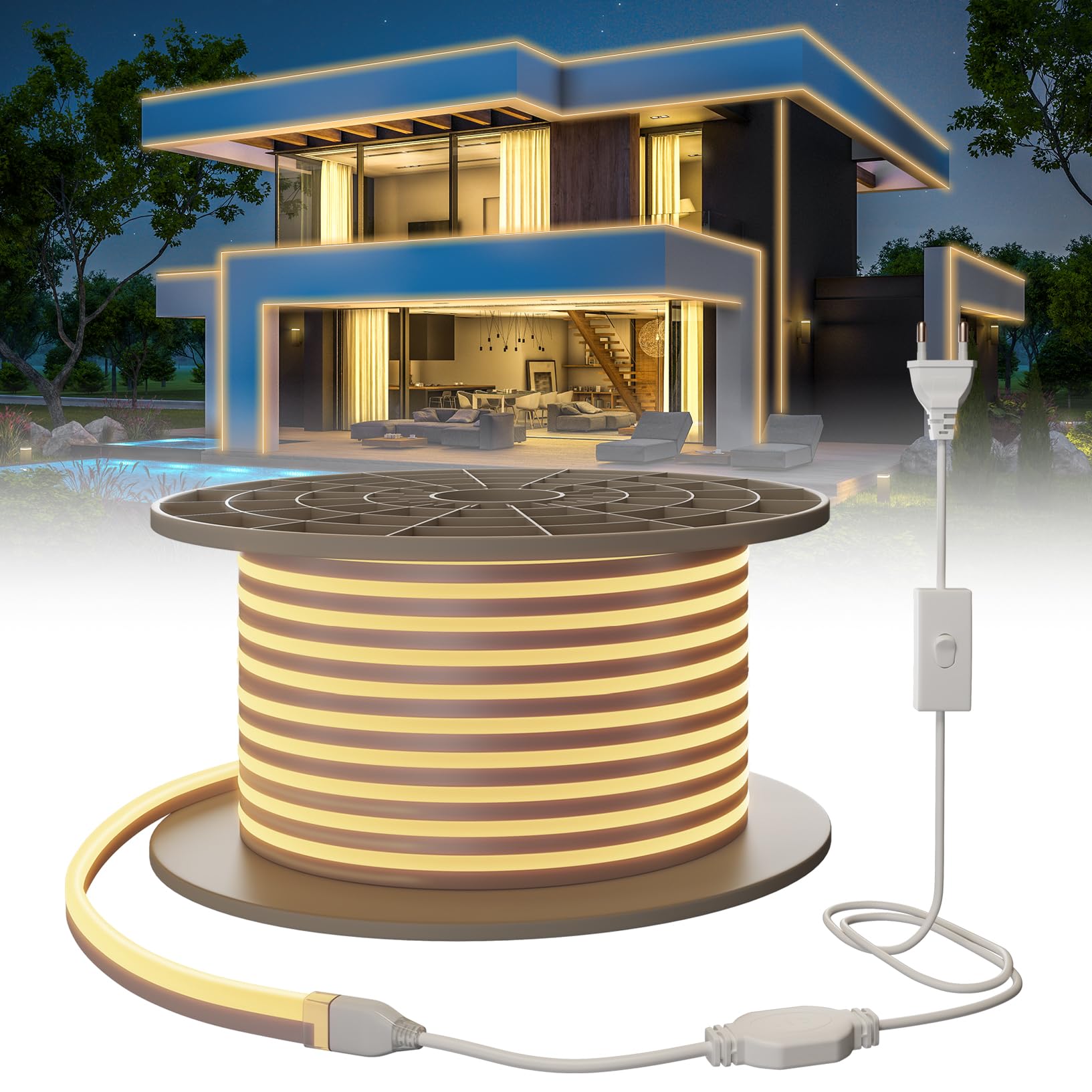 Neonowa Taśma LED 30m, 230V Wodoodporna Ognioodporna IP65 Ciepła Biel 3000K Łańcuch świetlny LEDs 120 LEDs/m Elastyczna Taśma świetlna DIY Z Zasilaczem Domu, Imprezę, Kuchni, Zewnątrz