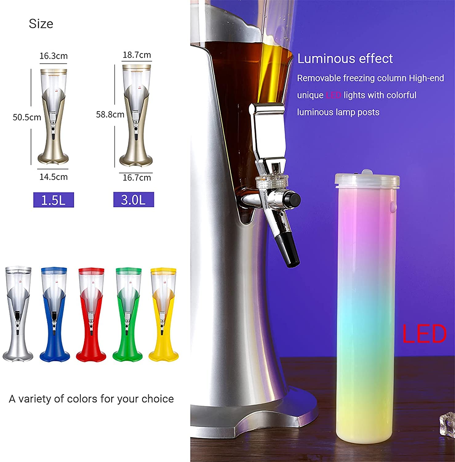 MU Birra Torre, Beer Birra Dispenser Stile Europeo Stile Commerciale Cocktail Cocktail Barrel 3L Draft Birra Colorful Icicle Party Ktv Bar Glastuale,Giallo,5L.